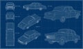 Blueprint with projections, isometry and perspective. Car drawing. Royalty Free Stock Photo